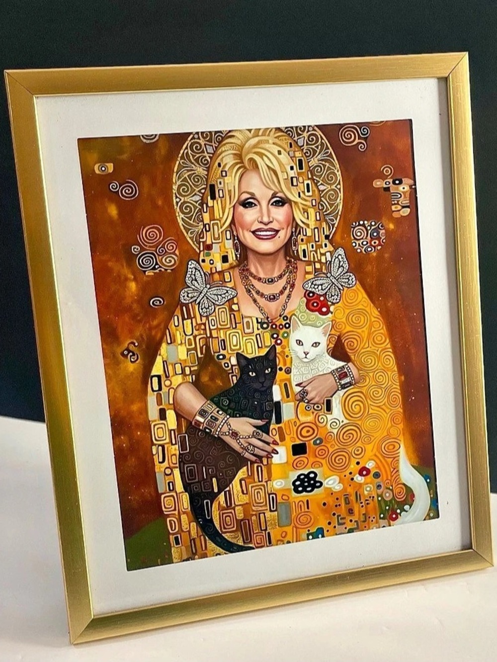 Dolly Parton with Cats art paper print - Klimt Style 12”x10”